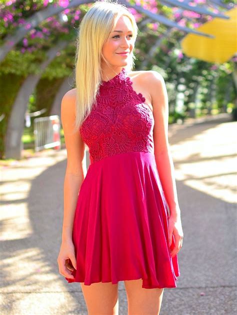 Hot Pink Floral Lace Halter Neck Short Chiffon Skater Dress Homecoming