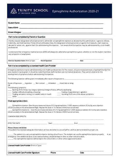 Fillable Online Authorization To Administer Epinephrine Autoinjector