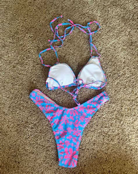 Pink And Blue Tropical Bikini Halter Top Thong Bikini Set Two Piece