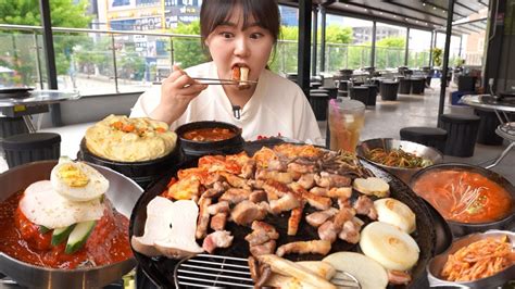 역시 삼겹살은 야장에서 먹는게 최고 비빔냉면 김치찌개 계란찜 삼겹살 꿀조합 먹방 Korean BBQ