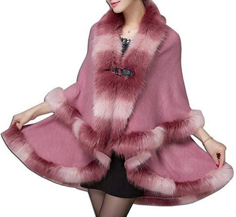 Ladies Women Winter Luxurious Thick Faux Fur Trimmed Hooded Shawl Cloak