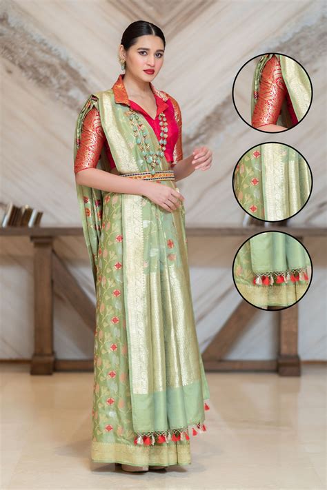 Nirmal Creations Best Pure Pista Green And Rani Pink Saree With