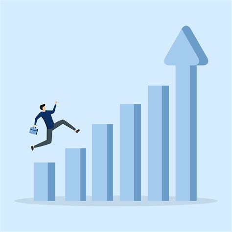 Confident businessman jumping up bar graph with up arrow as ladder of