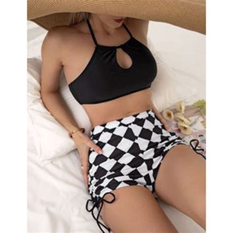 Checkerboard Printed Shorts Sexy Hanging Neck Strap Bikini Two Piece Women S Swimsuit Bikini