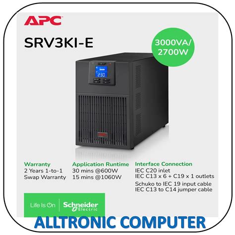 Apc Srv3ki E Easy Ups On Line 3kva 2700w Tower 230v 6x Iec C13 1x Iec C19 Outlets