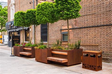 Corten Steel Streetscape Planters Exterior Benching Waste Bins And