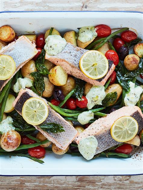 Jamie S Roasted Salmon And Veg Traybake With Basil And Mustard Yoghurt Recipe Woolworths