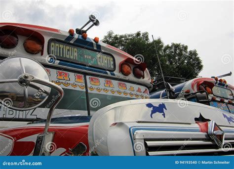 Typical Colorful Guatemalan Chicken Bus In Antigua Guatemala Editorial