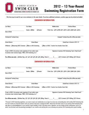 Fillable Online Year Round Swimming Registration Form