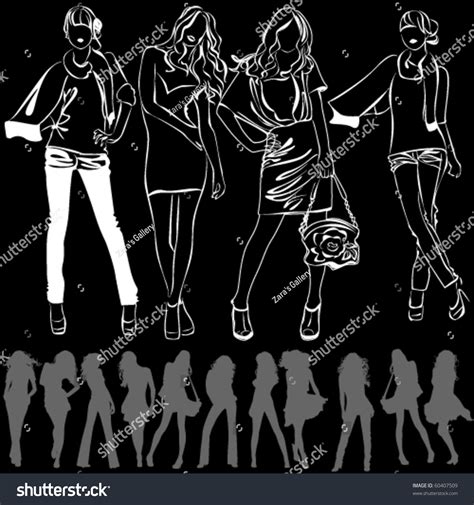 Vector Silhouettes Beautiful Women On Black เวกเตอร์สต็อก ปลอดค่า