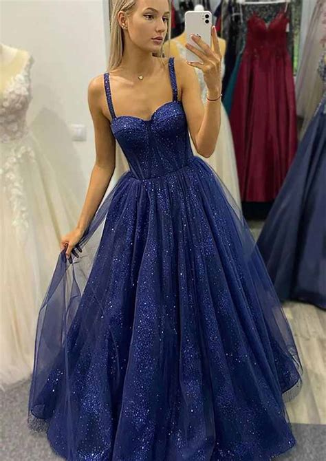 A Line Sweetheart Spaghetti Straps Long Floor Length Tulle Glitter Prom