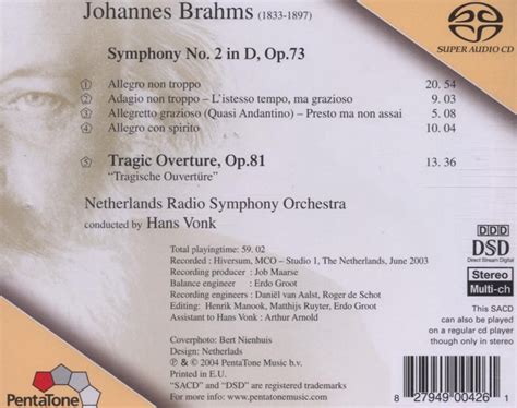 Brahms Symphony No Tragic Overture Hans Vonk La Bo Te Musique