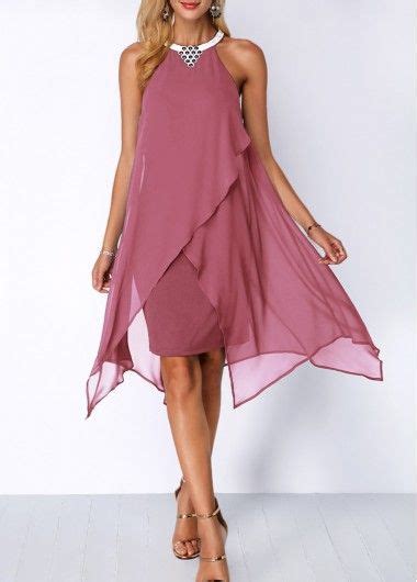 Asymmetric Hem Embellished Neck Chiffon Overlay Dress