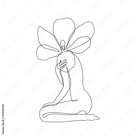 Naked Woman Sitting With Flower Line Art Drawing Black Sketch Isolated On White Background