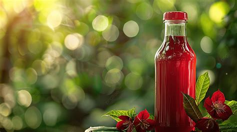 Roselle Juice In A Plastic Bottle With Nature Green Background