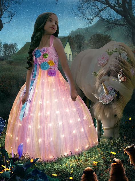 Light Up Girls Unicorn Princess Dress Costume For Birthday Party And More