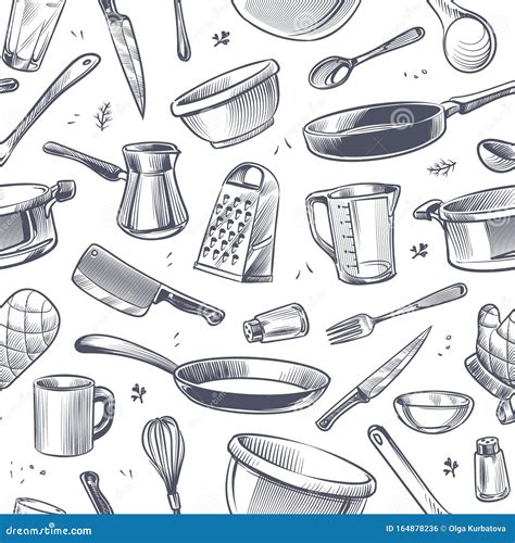 Cooking Utensils Seamless Pattern Sketch Kitchen Tool Kitchenware