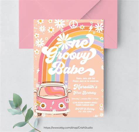 One Groovy Babe Birthday Invitation Hippie Van Editable Groovy One Birthday Groovy Decorations