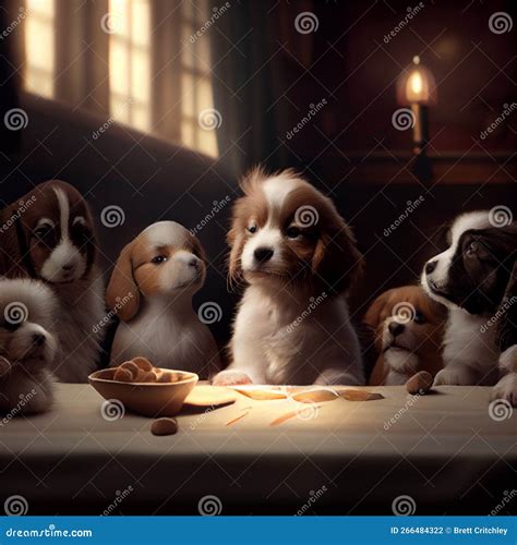 Puppy Puppies Dog Dogs Eating Food at the Table Stock Illustration - Illustration of furniture ...