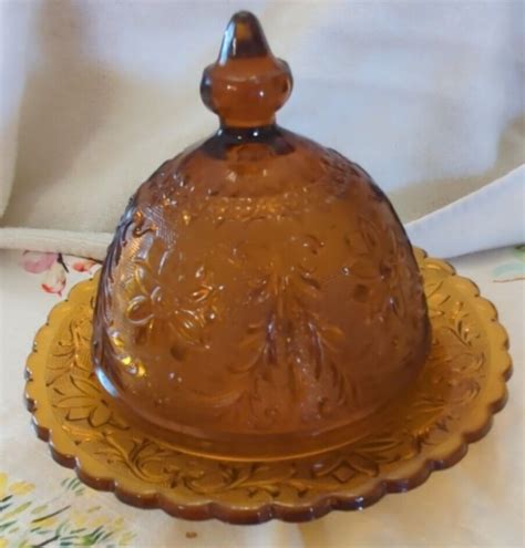 Amber Tiara Sandwich Glass Covered Butter Cheese Dish Dome Lid Ebay