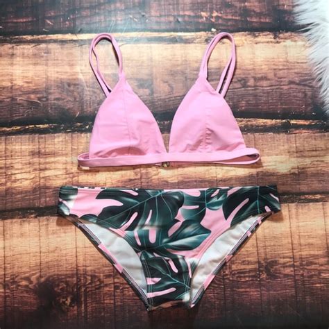 Swim Pink Palm Leaf Print Triangle Bikini Poshmark