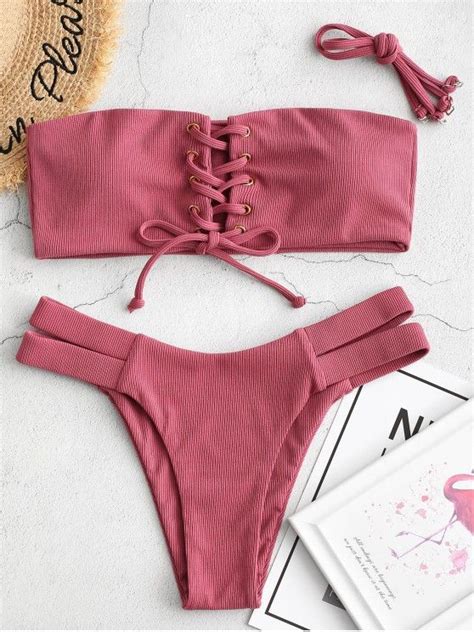 41 OFF 2021 ZAFUL Ribbed Bandeau Lace Up Bikini Swimsuit In LIPSTICK