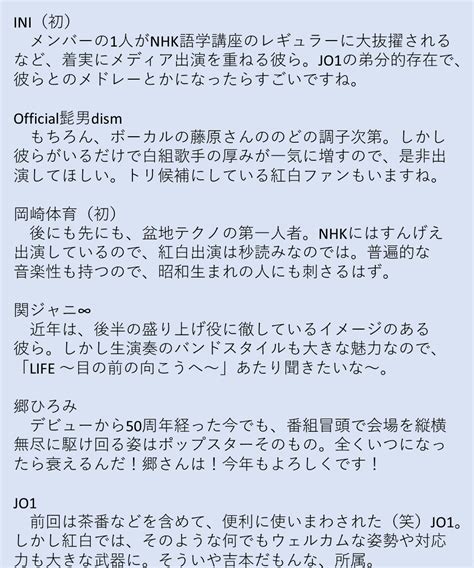 差し歯 on Twitter 紅白歌合戦 予想ラインナップ③ INI 髭男 岡崎体育 関ジャニ 郷ひろみ JO1 純烈