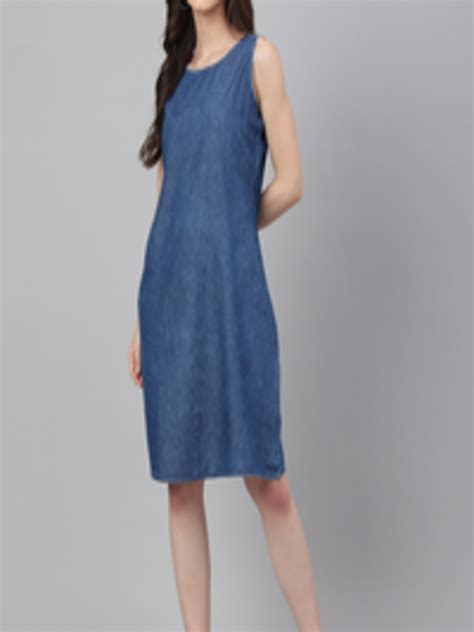 Buy Janasya Women S Blue Denim Solid Straight Western Dress Dresses