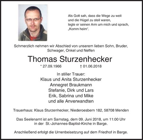 Traueranzeigen Von Thomas Sturzenhecker Trauer In NRW De