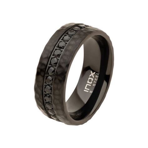 Stainless Steel Black IP With Black CZ Hammered Ring Talines Fine Jewelry