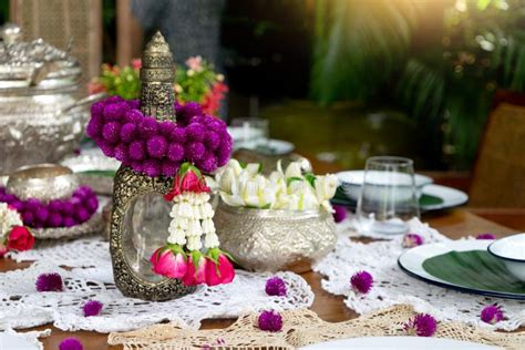 Thai Food Table Decoration Silver Ware Garland Stock Image Image Of