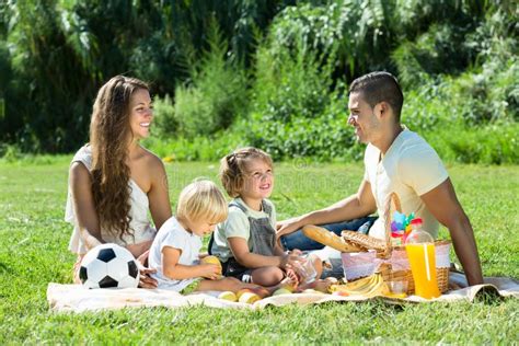 Famille De Quatre Sur Le Pique nique Image stock Image du pré