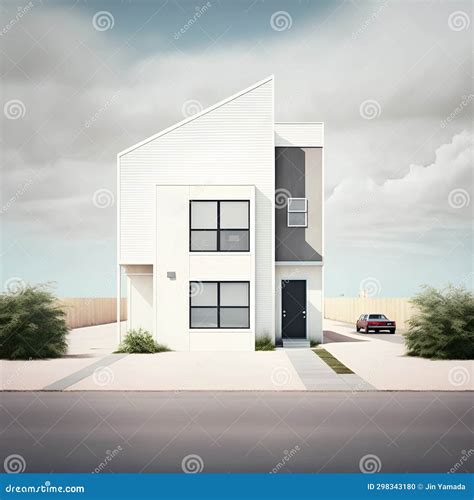 3D Render of a Modern House with Large Windows and Parking Lot Stock
