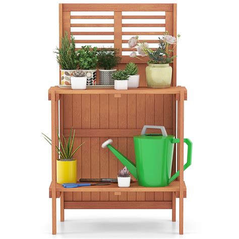 Costway Wood Potting Bench Waterproof Garden Table With 2 Tier Open Storage Shelf