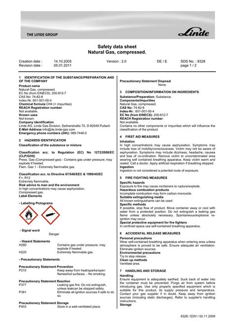 Safety Data Sheet Natural Gas Compressed Linde Gas