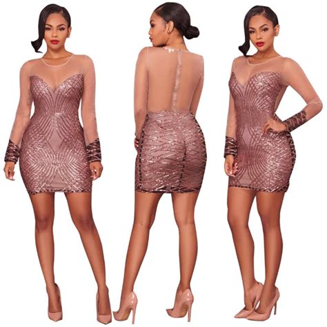 The Latest Fashion Women Long Sleeved Sequin Dress Sexy Backless Short