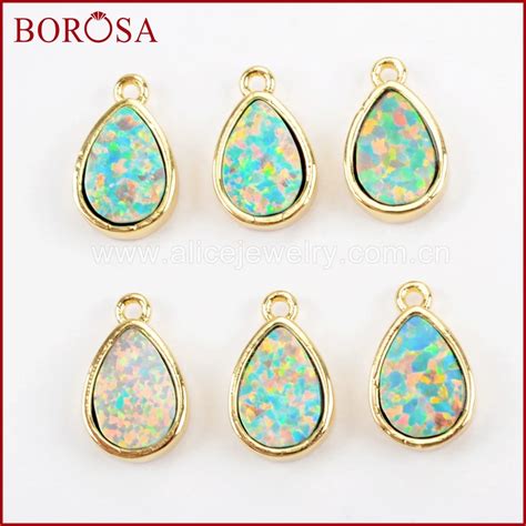 BOROSA 10PCS Teardrop Gold Color White Japanese Opal Bezel Charm Man