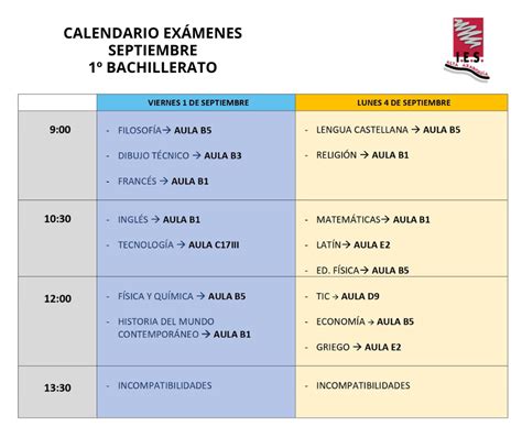 Calendario Pruebas Extraordinarias de Septiembre 1º Bachillerato