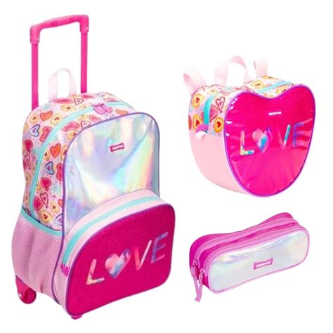 Kit Mochila Escolar Love Infantil Juvenil Rodinhas Tam G Lancheira