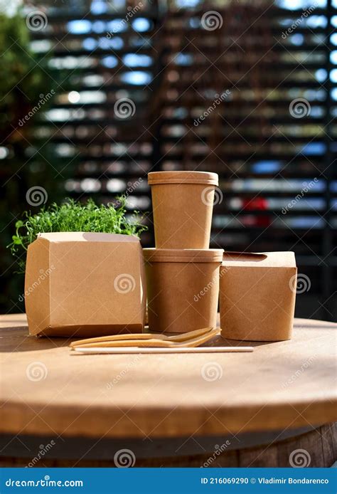 Cardboard Containers For Food Drinks Items Copy Space Stock Photo