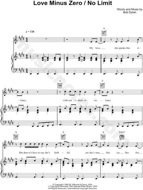 Bob Dylan Love Minus Zero No Limit Sheet Music In E Major