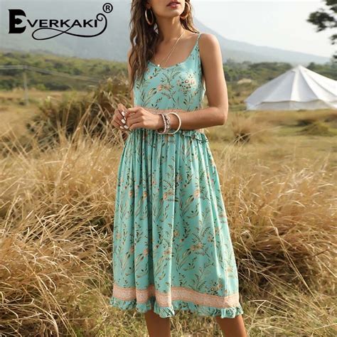 Everkaki Boho Ruches Bloemenprint Lange Jurk Vrouw Grandado