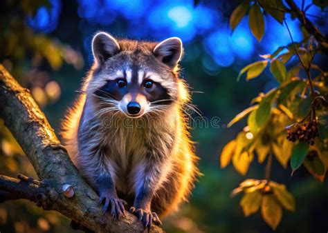Secret Nocturnal Life a Playful Raccoon Unveiled in a City Treetop at ...