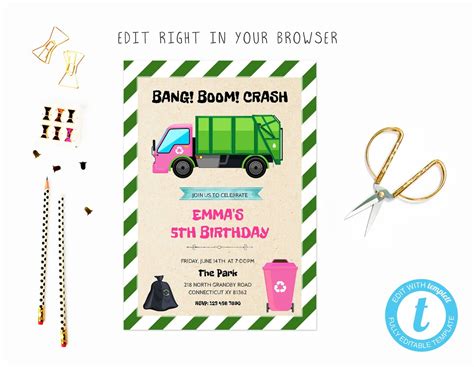 Girl Garbage Truck Birthday Invitation Try Before You Buy Instant