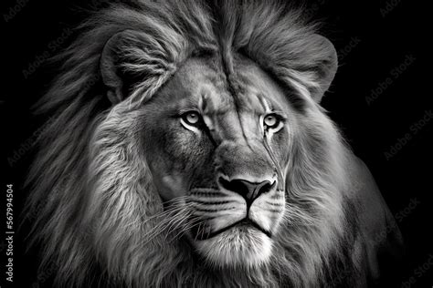 Amazing Black And White Lion Face Looking. Generative AI Stock ...