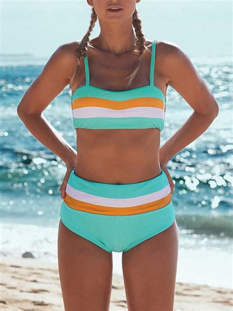 Color Block Striped High Waist Bikini Set