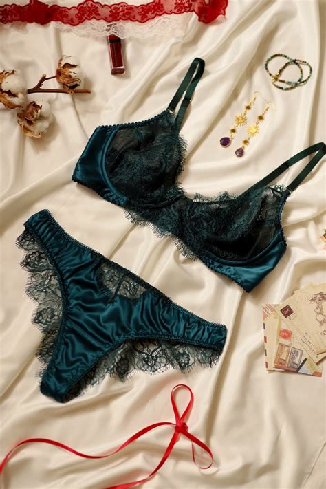 Emerald Dark Green Lace Satin Lingerie Set Underwired Bra And Brazilian Luxury Lingerie New