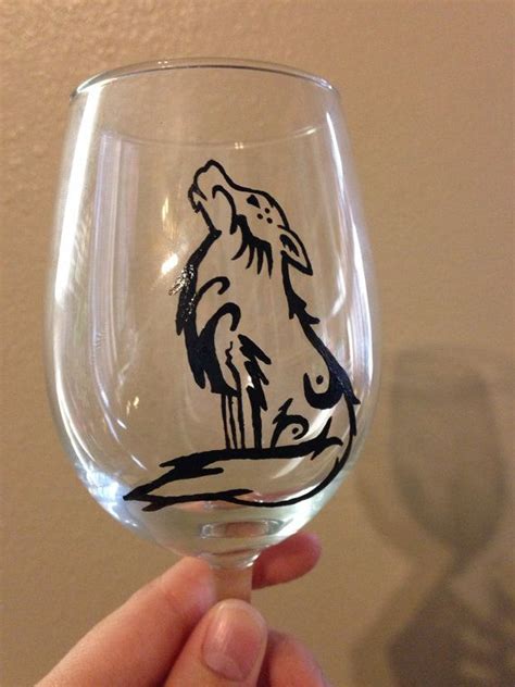 Hand Painted Howling Wolf Wine Glass Wine Glass Glass Hand Painted Glassware