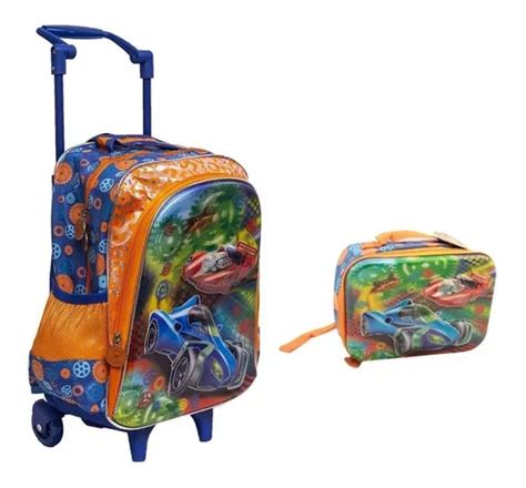 Mochila Speed Boy Carros Hot Wheels 3d G Rodinha Lancheira Parcelamento Sem Juros