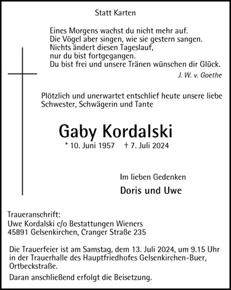 Traueranzeigen Von Gaby Kordalski Trauer In Nrw De